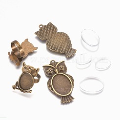 Vintage verstellbare Eisen-Eulen-FingerRing Fassungen und Alu-Cabochon-LünettenFassungen FIND-X0010-02AB