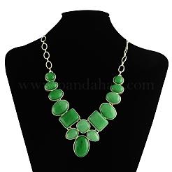 Natürliche Malaysia Jade Edelstein Lätzchen Statement-Halsketten mit Cabochon-Fassungen aus Aluminium und versilberten Messingketten NJEW-R224-02E-B
