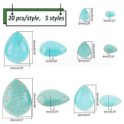 100 Stück 5 Stile Bastelzubehör gefärbter synthetischer türkisfarbener Edelstein flache Rückseite Tropfen Cabochons TURQ-PH0001-06