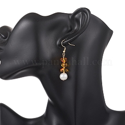 Серьги-подвески из натурального культивированного пресноводного жемчуга и натурального янтаря&nbsp;EJEW-JE06961