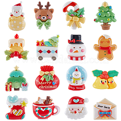 64 Stück 16 Stile Weihnachtsbaum/Schneemann/Tasche/Socken/Weihnachtsmann/Hirsch/Zuckerstange/Kamin undurchsichtige Harz Decoden Cabochons RESI-SC0005-74