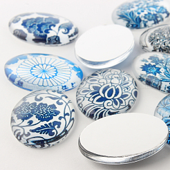 Blau und weiß floralen Thema Schmuck Glas oval flatback Cabochons GGLA-A003-18x25-YY