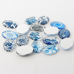 Blau und weiß floralen Thema Schmuck Glas oval flatback Cabochons GGLA-A003-18x25-YY