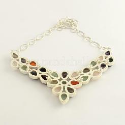 Edelstein Lätzchen Statement-Halsketten mit Cabochon-Fassungen aus Aluminium und versilberten Messingketten NJEW-R224-07B-B