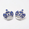 Rhinestone Pendants, Cadmium Free & Lead Free, with Alloy Findings, Crown, Platinum, Royal Blue, 31x29x10mm, Hole: 3mm