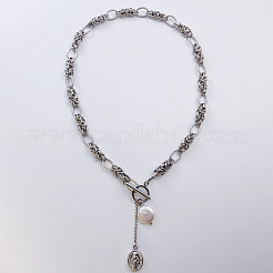 Ожерелья из нержавеющей стали с подвесками в виде овальной Девы Марии и плоской круглой барочной натуральной пресноводной жемчужины FS-WG7A760-01