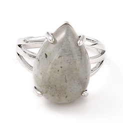 Каплевидное регулируемое кольцо на палец из натурального лабрадорита&nbsp;RJEW-C001-01P-RS