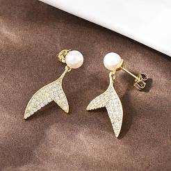 Серьги-гвоздики с подвесками из латуни с микропаве из прозрачных кубических цирконий в форме рыбьего хвоста&nbsp;EJEW-C172-06G