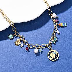 Женские ожерелья с подвесками в виде слонов и рыб из нержавеющей стали 304 с цветной эмалью NJEW-F346-04G