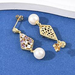 Серьги-гвоздики с ромбами из латуни с микропаве из прозрачных кубических цирконий&nbsp;EJEW-C172-04G