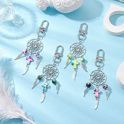 4 шт. плетеная сетка/паутина с крылом сплава и синтетической бирюзой крест круглый кулон украшение HJEW-JM03055-1