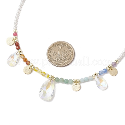 Ожерелья с подвесками в виде стеклянных капель и латунных дисков NJEW-JN05191-1