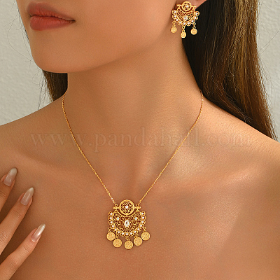 Элегантный комплект из серег и ожерелий в ближневосточном стиле из латуни с микропаве из кубических цирконий для женщин OC9048-1