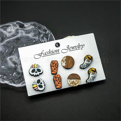 Хэллоуин надгробие призрак череп деревянные серьги-гвоздики наборы EJEW-OY002-01-1