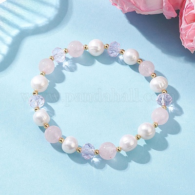 Эластичные браслеты из бусин натурального розового кварца и культивированного пресноводного жемчуга BJEW-JB12856-02-1