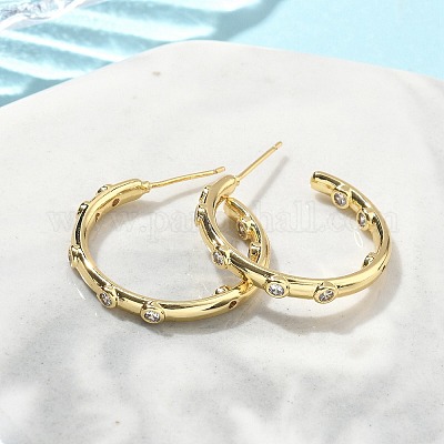 Серьги-гвоздики из латуни в форме буквы С с микропаве из прозрачных кубических цирконий EJEW-A132-14G-1