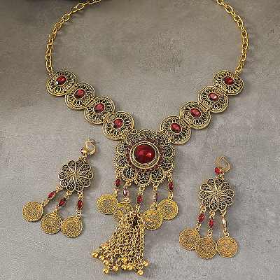 Комплекты ожерелий и серег-колец из цинкового сплава и стекла в стиле «Цветочная Богемия» FS-WGA974D-05-1