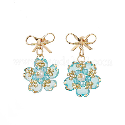 Серьги-гвоздики с подвесками из стеклянных бусин ручной работы в виде цветка EJEW-MZ00471-05-1