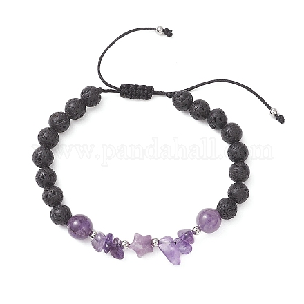 Женские плетеные браслеты из бусин из натурального аметиста и лавового камня BJEW-JB12924-01-1