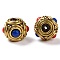 Handmade Indonesia Beads, with Brass Findings and Resin, Antique Golden, Round, Medium Blue, 13.5x10.5mm, Hole: 1.5mm