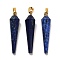 Natural Lapis Lazuli Pointed Pendants, Dyed, Faceted Cone Charms with Golden Plated Barss Snap on Bails, 35~35.5x8~8.5mm, Hole: 6.5x4mm