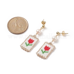 Серьги-гвоздики с натуральным жемчугом и стеклянными семенами цветок жизни EJEW-MZ00014-01