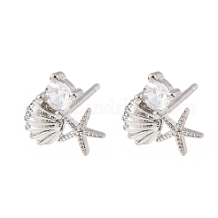 Серьги-гвоздики из латуни с микропаве из прозрачных кубических цирконий в форме морской звезды и ракушки&nbsp;EJEW-L278-05P