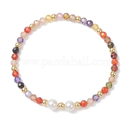 Эластичные браслеты из круглых бусин с кубическим цирконием и перламутровыми жемчужинами для женщин.&nbsp;BJEW-JB13280-01