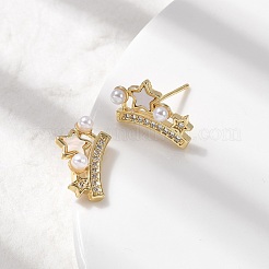 Серьги-гвоздики с короной из латунных кристаллов с микропаве из прозрачных кубических цирконий&nbsp;EJEW-K318-02G