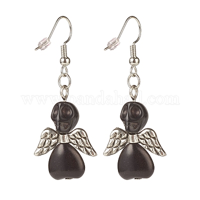 Серьги-подвески с черепом из синтетической бирюзы и крыльями EJEW-JE04944-03-1