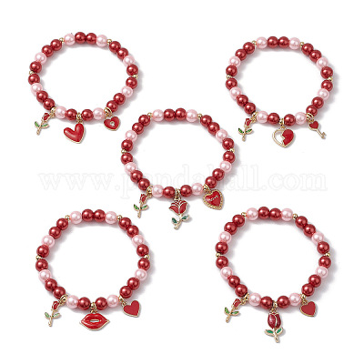 Стеклянные браслеты-бусины на день святого валентина из жемчуга для женщин BJEW-JB11441-1