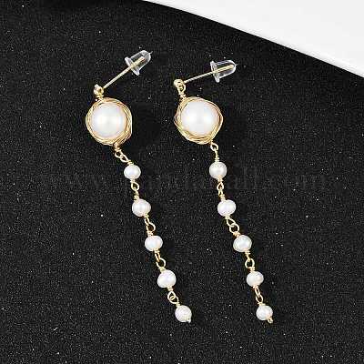 Круглые латунные серьги-гвоздики с кисточками из натурального пресноводного жемчуга EJEW-U072-02G-1