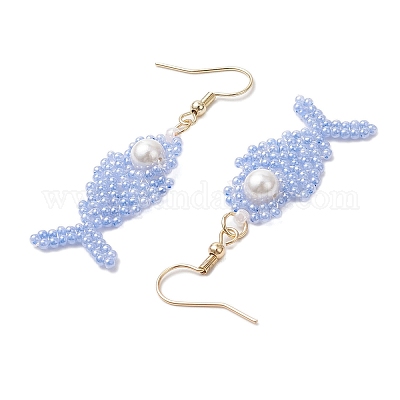 Серьги-подвески из стеклянных бусин в форме рыбьей кости EJEW-MZ00439-03-1