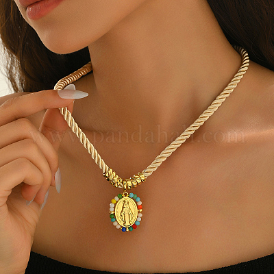 Ожерелья из плетеной латунной веревки в стиле богемы с подвесками в форме овала и натуральными камнями для повседневной носки во время отпуска UJ3910-1