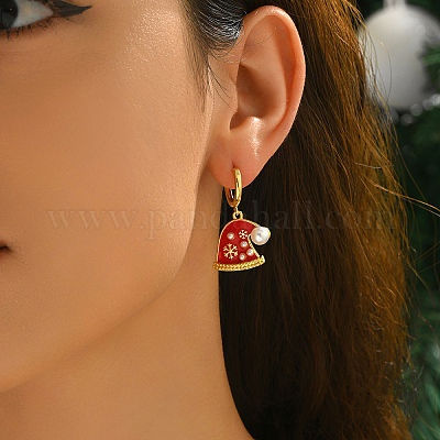 Серьги-кольца с латунной эмалью и снежинкой в рождественской шапке PB9620-1