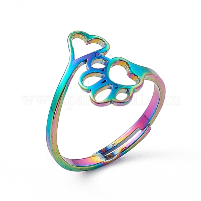 Ионное покрытие (ip) 201 нержавеющая сталь сердце и отпечатки собачьих лап регулируемое кольцо для женщин RJEW-K238-09M-1