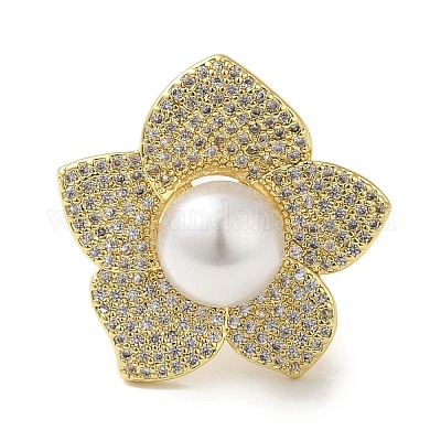 Стойка покрытие латунь микро паве цирконий цветок открытые манжеты кольца RJEW-P110-03G-1