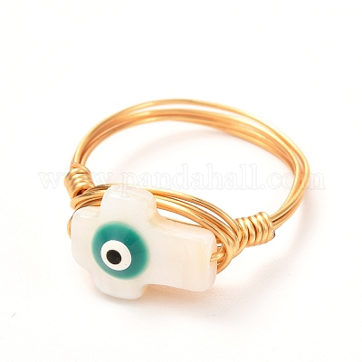 Крест с дурным глазом кольца на палец из натуральной раковины для девушек и женщин RJEW-JR00394-02-1