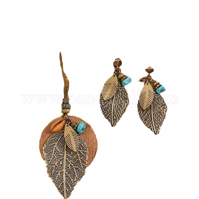 Комплекты из ожерелий и серег с подвесками из сплава листьев и дерева в богемном стиле WG5D754-01-1