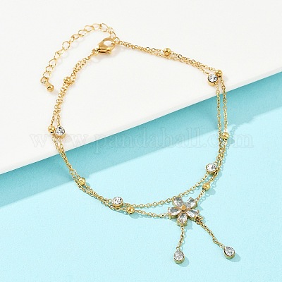 Браслеты на ногу из нержавеющей стали 304 с двухслойными цветочными подвесками AJEW-G069-02G-1