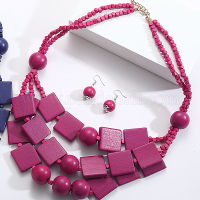 Комплекты из многослойных ожерелий и серег-подвесок из квадратных и круглых бусин из дерева в богемном стиле FS-WG2F343-04-1