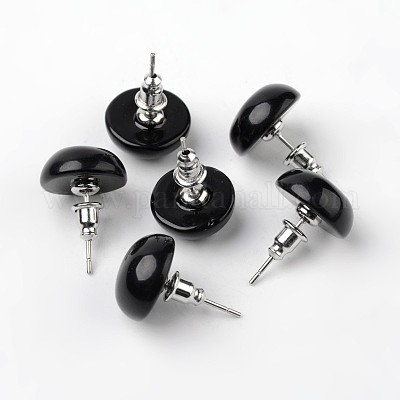 Серьги-гвоздики из натурального окрашенного и нагретого черного агата в форме полукруглого купола EJEW-L171-07-1