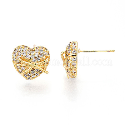 Серьги-гвоздики из латуни с микро-паве и прозрачным фианитом в форме сердца EJEW-T047-48G-1