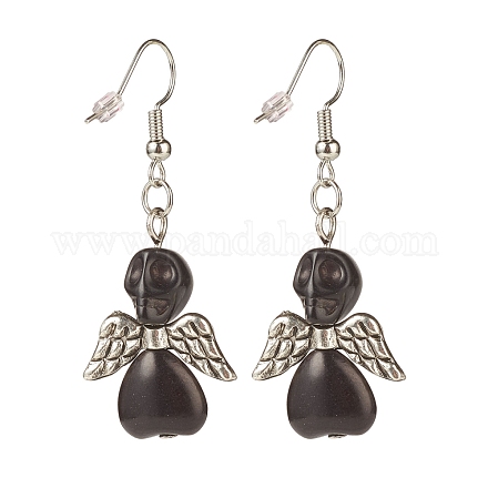Серьги-подвески с черепом из синтетической бирюзы и крыльями EJEW-JE04944-03-1