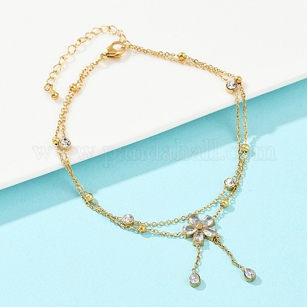 Браслеты на ногу из нержавеющей стали 304 с двухслойными цветочными подвесками AJEW-G069-02G-1