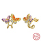925 Sterling Silver Micro Pave Cubic Zirconia Stud Earrings, Butterfly, Colorful, Real 14K Gold Plated, 16x20.5mm