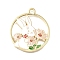 Alloy Enamel Pendants, Ring with Rabbit & Flower Charm, Golden, Pink, 30x26.5x3mm, Hole: 2.5mm