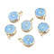 Brass Enamel Pendant, Flat Round with Lightning Pattern, Golden, Sky Blue, 18.5x14x2mm, Hole: 3.5x2mm
