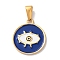 PVD Vacuum Plating 304 Stainless Steel Pendants, with Enamel, Flat Round with Evil Eye Charm, Golden, 21x18x1.5mm, Hole: 6x3mm