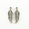 Tibetan Style Alloy Pendants, Feather, Cadmium Free & Nickel Free & Lead Free, Antique Silver, 25.5x7x1mm, Hole: 1.5mm, about 1388pcs/1000g